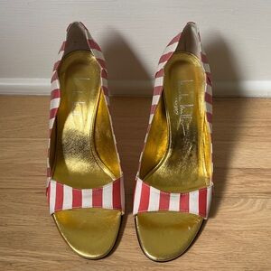 vintage nicole miller new york italian striped open toe pump with gold details
